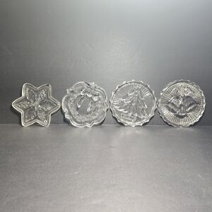 4 Vintage Fostoria 1970s Lead Crystal Ornaments Holly, Wreath, Bells, & Tree